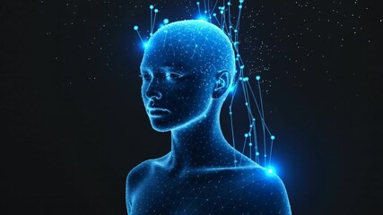 Digital Human Form Made of Glowing Blue Particles and Network Connections. - Powered by Adobe