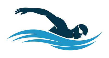 Obraz premium Dynamic swimmer in silhouette glides through stylized blue water waves