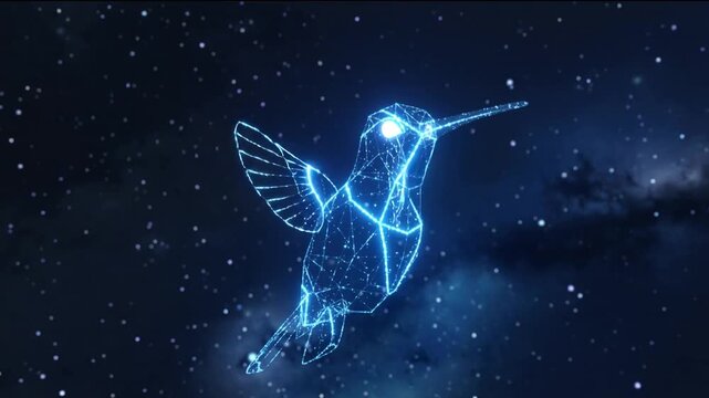Digital hummingbird constructed from glowing blue lines and dots in a starry night sky abstract technology.