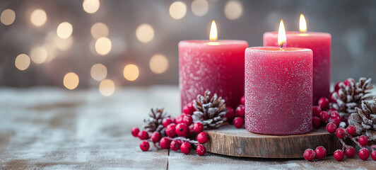 Three Christmas red candles, decorations on bokeh lights background. Merry Christmas festive greeting card. Noel. Winter holiday celebration theme. Happy New Year. Advent.