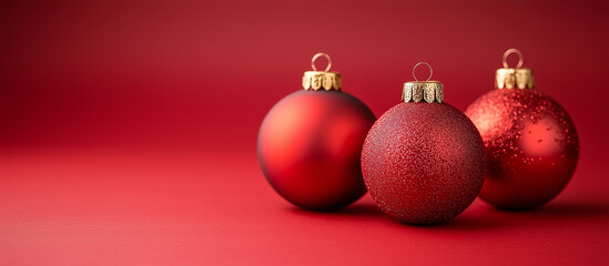 Merry Christmas and Happy Holidays greeting card, frame, banner. New Year. Noel. Red Christmas ornaments on red background. Winter xmas holiday theme. Christmas tree decoration.