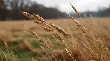 Fototapeta premium Close up of dry grass stalks swaying gently in a muted outdoor field