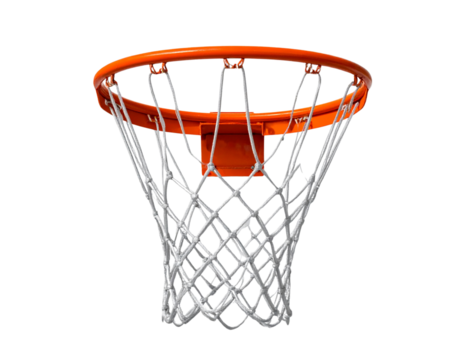 Orange Metal Basketball Hoop with Net, isolated on transparent background.