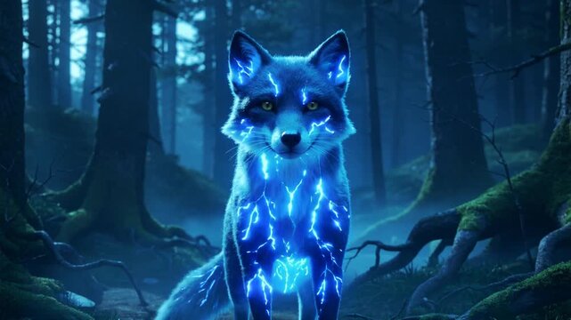 Electric Blue Fox in a Dark Enchanted Forest with Lightning Effects animal wildlife.