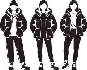 Three young women in stylish puffer jackets and casual winter attire standing Vector