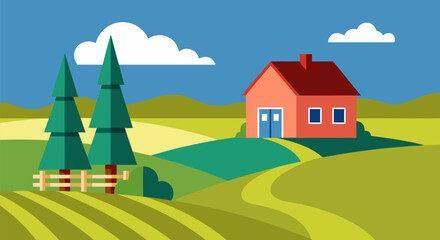 Rural Landscape Illustration with House, Trees, and Scenic Rolling Hills