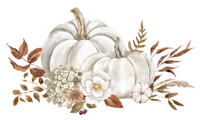 Watercolor creme-toned pumpkins floral arrangement in a rustic style. Hand-painted  pumpkin with white flowers and dry brown leaves, isolated PNG clipart