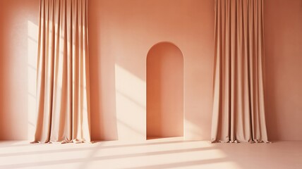 Obraz premium Peach Colored Room with Archway and Drapes Illuminated by Sunlight