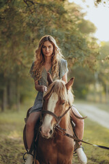 Fototapeta premium A young beautiful woman rides a horse in the forest in autumn. Horseback riding in the evening in autumn.