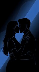 Silhouettes of a romantic couple embracing and sharing a passionate kiss under a dramatic blue spotlight against a dark background