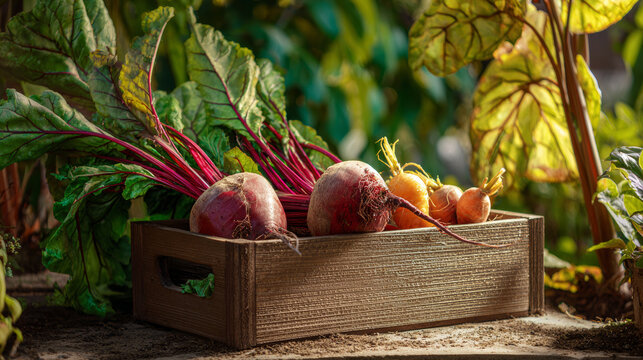 Freshly harvested beets and baby carrots in wooden crate