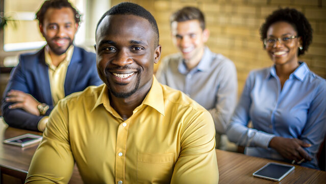 Employee onboarding with smiling black man and team in modern office environment - Powered by Adobe