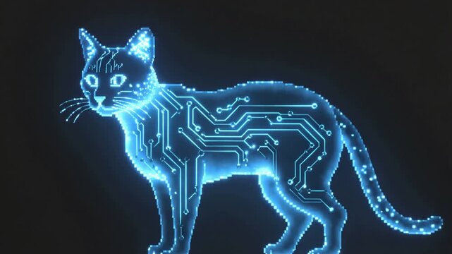 Futuristic Digital Cat Silhouette with Glowing Circuit Board Patterns and Pixelated Outline technology.
