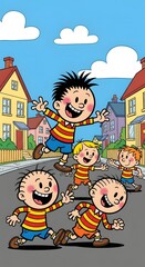 Joyful cartoon children playing and running happily down a suburban street on a sunny day with houses and clouds