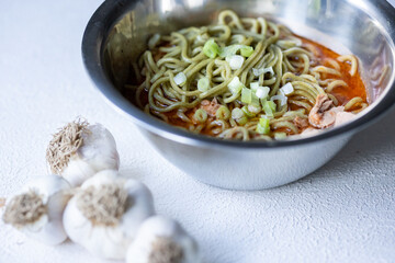 Close-Up of Spicy Tuna Ramen in a Metal Bowl – Traditional Japanese Dish
