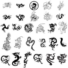 Naklejka premium Chinese Dragon Silhouette and Line Art Vector Set for Graphic Design