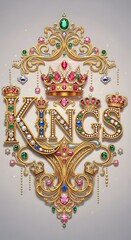 Ornate golden word kings adorned with sparkling precious gemstones and royal crowns in opulent decorative design