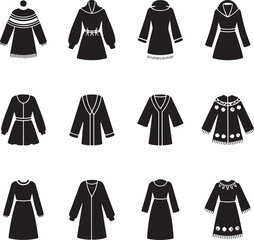 Collection of diverse clothing icons, including various dresses, coats, and jackets Vector