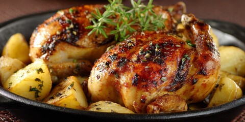 Roasted Chicken Dinner: A culinary masterpiece featuring succulent roasted chicken, beautifully browned and glistening, served alongside golden potatoes and fresh herbs.