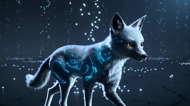 Futuristic Digital Fox with Glowing Blue Circuitry Patterns on its Body animal creature.