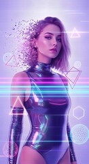 Futuristic woman with dissolving particles and neon lights embodying digital transformation and cybernetic evolution in a vibrant purple atmosphere