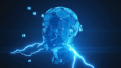 Futuristic Digital Human Head with Glowing Circuits and Lightning Strikes artificial intelligence technology.