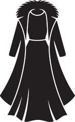 Elegant black silhouette of a full-length gown with a fur-trimmed cape or cloak. Vector