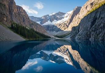A serene alpine lake perfectly mirrors the towering, snow-capped mountains and glaciers under a partly cloudy sky, creating a stunningly symmetrical and tranquil mountain landscape