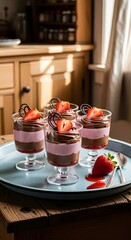 Delicious layered chocolate and strawberry mousse desserts served in elegant glass cups with fresh strawberry garnish on a tray
