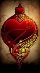 Ornate red heart ornament with intricate gold filigree and swirling embellishments on textured background