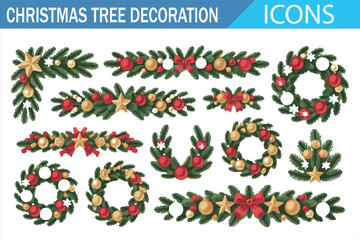 Traditional Christmas icons collection with stars, wreaths, and baubles