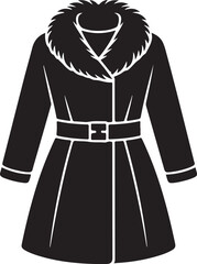 Stylish black winter coat with luxurious fur collar and belt, classic outerwear icon design Vector