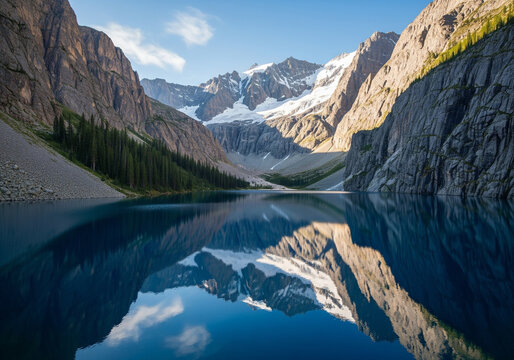 A serene alpine lake perfectly mirrors the towering, snow-capped mountains and glaciers under a partly cloudy sky, creating a stunningly symmetrical and tranquil mountain landscape