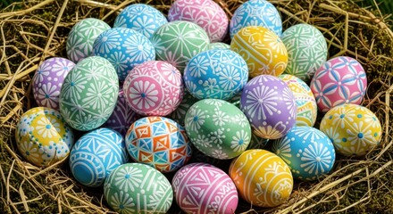 Nest filled with colorful decorated easter eggs