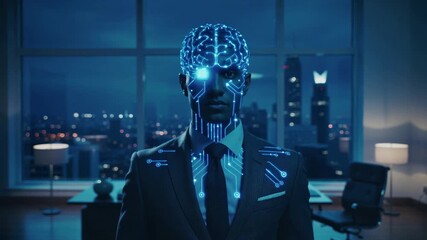 Futuristic man with glowing blue digital brain and circuitry overlay against city skyline at night male. - Powered by Adobe