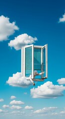 An open window floats serenely amidst fluffy white clouds against a vibrant blue sky symbolizing dreams and imagination
