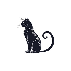 Elegant Black Cat Silhouette with Curled Tail on White Background