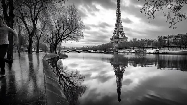 Eiffel Tower Reflection in Seine River Black and White Beauty of Paris France