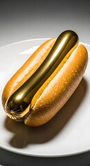 A luxurious golden hot dog presented on a white plate symbolizing wealth indulgence and a gourmet twist on a classic comfort food