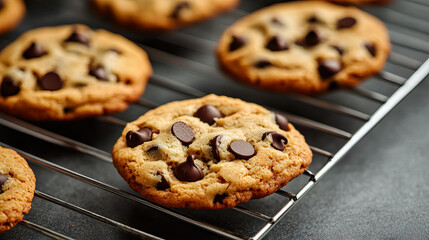Freshly Baked Chocolate Chip Cookies Cooling on a Wire Rack Delight for National Cookie Day, Chocolate Chip Cookie Week, Cookie Exchange Day, Homemade Cookies Day