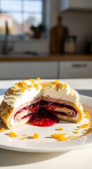 Close up of a delicious sweet pastry strudel filled with vibrant red berry jam and topped with whipped cream and citrus zest