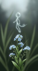 A delicate ethereal glowing spirit dancing above a cluster of small blue forget me not flowers in a soft natural setting