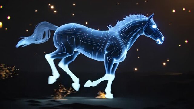 Futuristic Neon Horse with Circuit Board Design Running with Sparks glowing.