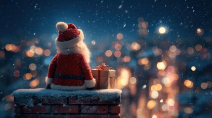 Adorable santa claus sitting on a chimney top holding a gift box with bokeh lights in the background
