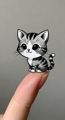Adorable tiny kitten illustration sitting on a finger with big expressive eyes and striped fur