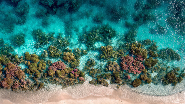 Aerial view colorful coral reef and tropical beach