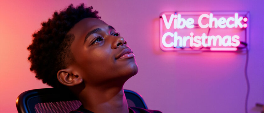 Young Black teenage boy relaxing under pink and purple neon lights. Modern Christmas holiday concept with a 'Vibe Check' sign in the background