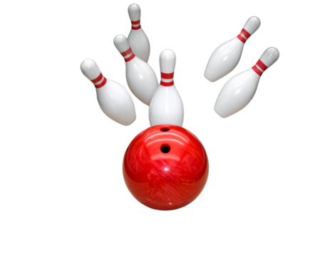 Top-Down View of Bowling Ball Striking Pins, isolated on transparent background.