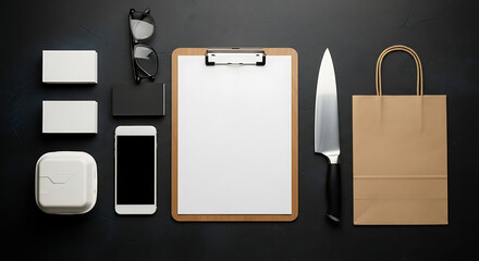 Overhead flat lay of a chefs workspace with a clipboard, knife, phone, and paper bag