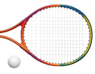 Top-Down View of Gradient Tennis Racket and Golf Ball, isolated on transparent background.
